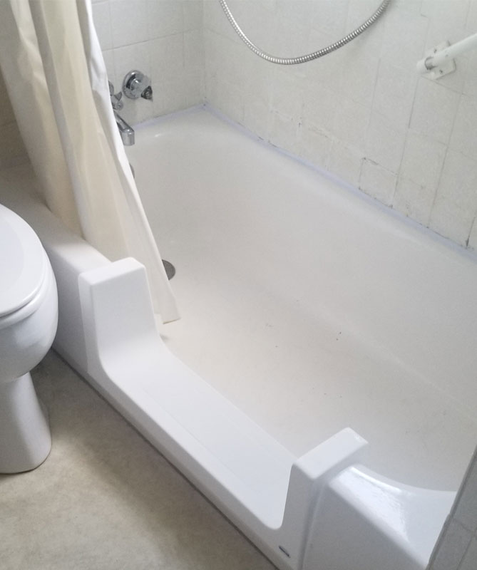 Step through tubs offer safety and security without having to
                climb over the high walls of the bathtub.